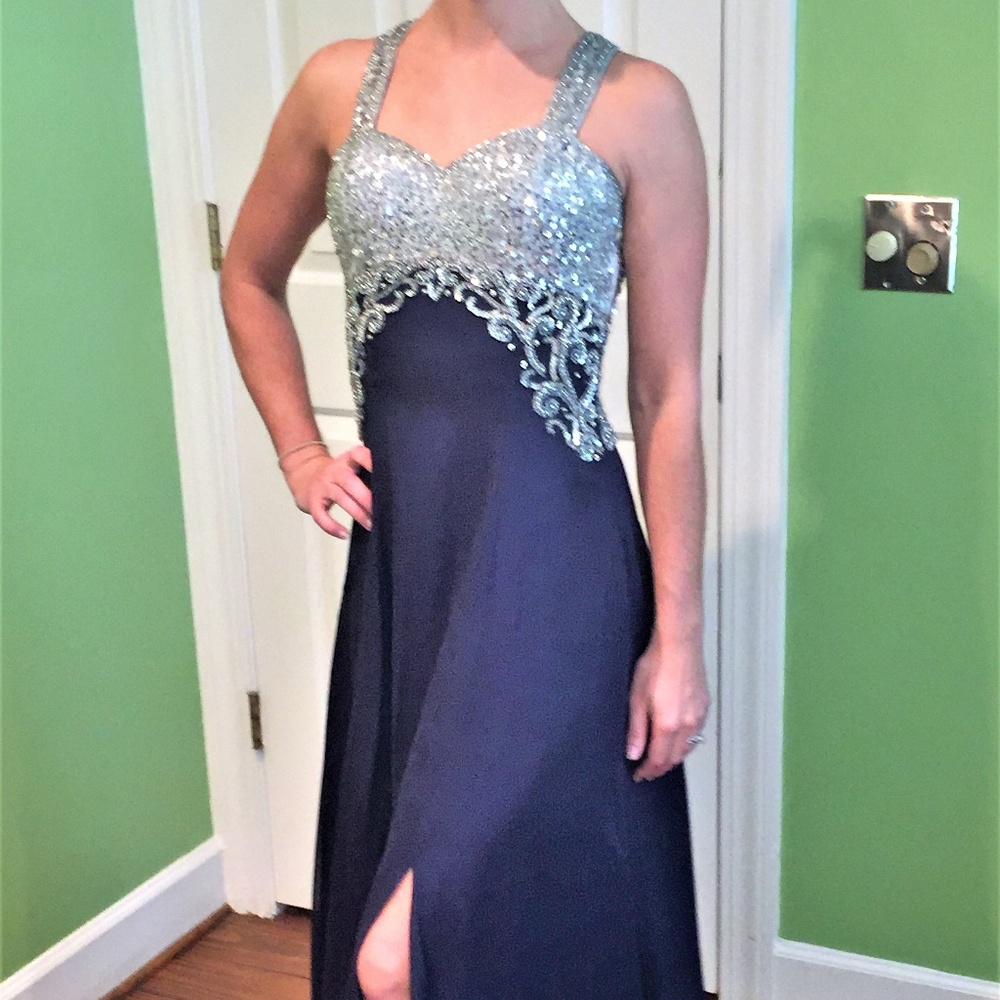 Navy Blue & Silver Evening Gown